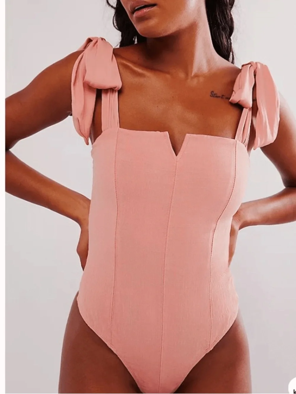 FREE PEOPLE Tie-Shoulder One-Piece Bodysuit in Dusty Rose